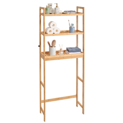Over-The-Toilet Bamboo Storage Rack, 3-Tier Adjustable, Hooks