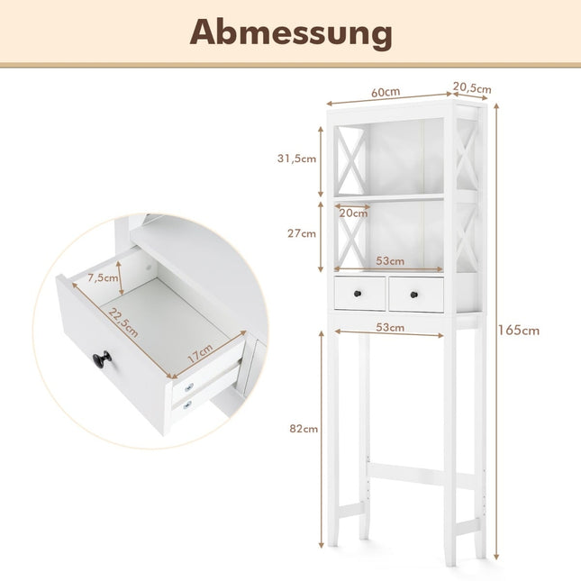 Opbergrek boven het toilet, 3 lagen, 2 lades, wit MDF