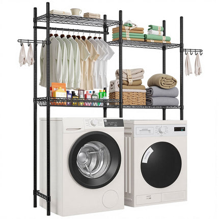Over Washer Dryer Storage Shelf, 4-Tier, Rod And Hooks