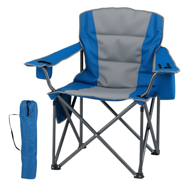 Extra grote opvouwbare campingstoel met koelvak en bekerhouder.