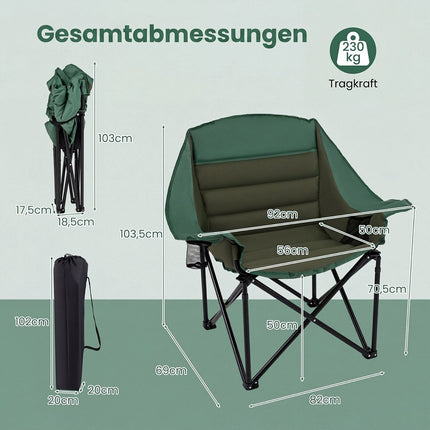 Oversized Green Camping Chair, Foldable with Cushion & Cup Holder