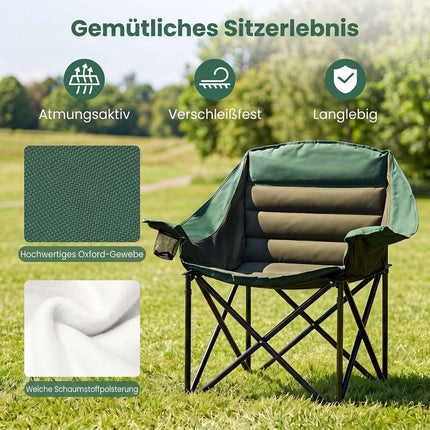 Oversized Green Camping Chair, Foldable with Cushion & Cup Holder