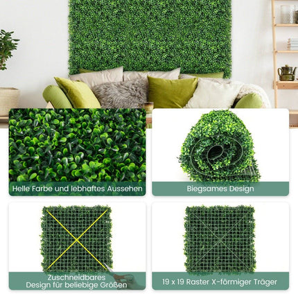 Pack of 12 artificial hedge plant wall 50 x 50 cm panels with boxwood leaves green