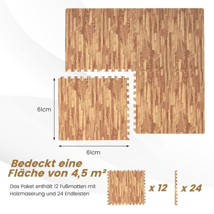 Sada 12 ochranných podložek z EVA s dřevěným vzorem, puzzle podložka na ochranu podlahy 61 x 61 cm přírodní