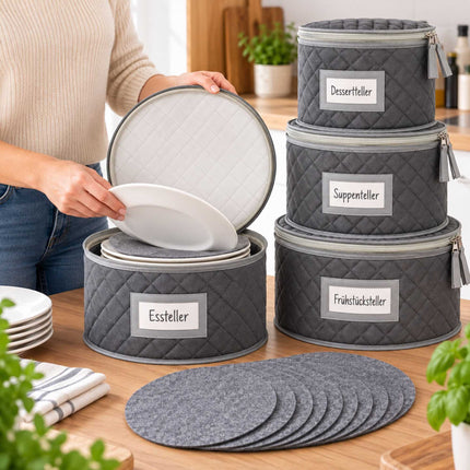 Padded Plate Storage Boxes in 4 Sizes with Felt Dividers, Grey