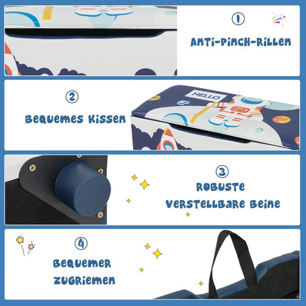 Čalouněný box na hračky se snímatelným víkem a vzorem rakety a planet, námořnicky modrý