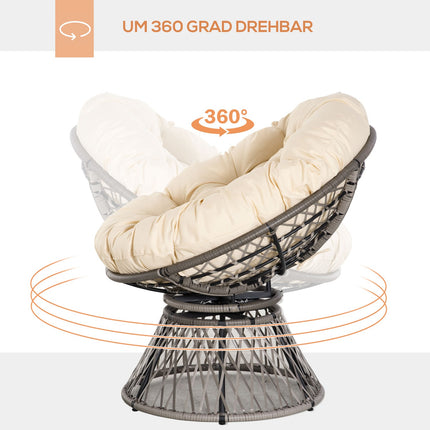 Ratanové křeslo Papasan s polštářem, otočný kovový rám 360°, krémové