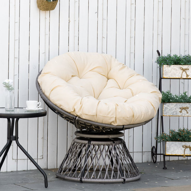 Wicker Papasan chair with cushion, 360° metal frame, cream
