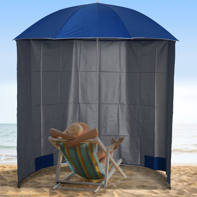Plážový slunečník s boční stěnou, modrý polyester, 2.2m