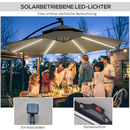 Solární LED slunečník, 295 cm, voděodpudivý, světle šedá