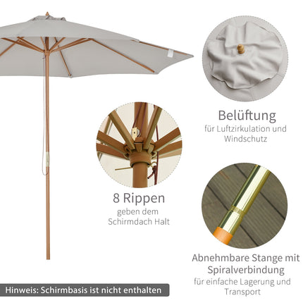 Dřevěný slunečník, 300 cm zahradní a balkonový slunečník, šedý