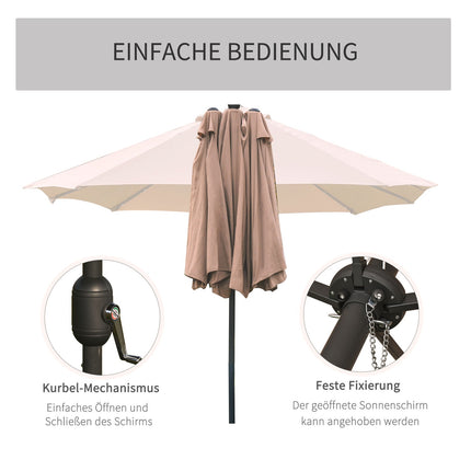Khaki oválný slunečník s LED, velký 440 x 260 cm, ruční klika