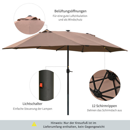Khaki oválný slunečník s LED, velký 440 x 260 cm, ruční klika