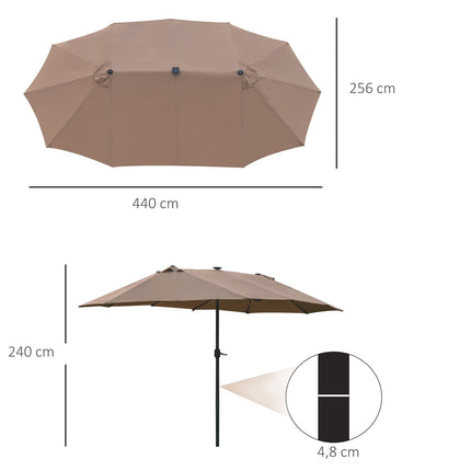 Khaki oválný slunečník s LED, velký 440 x 260 cm, ruční klika