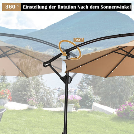 Slunečník s LED solárním osvětlením, otočný boční slunečník na zahradu, Ø 300 cm, béžová
