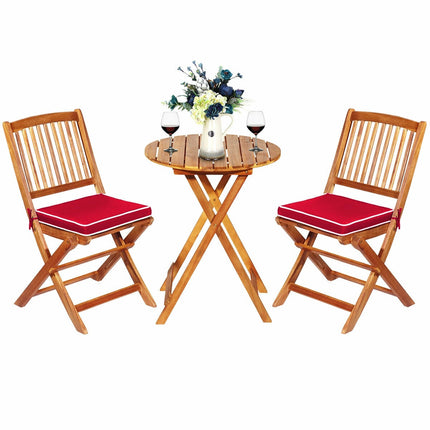 Patio Folding Acacia Wood Bistro Set, 3-Piece, Red Cushions