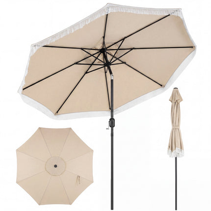 Patio Parasol 270cm, Crank Tilt, Fringed Beige