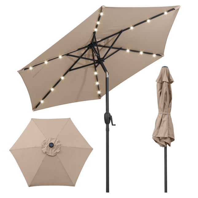 Zahradní slunečník 230 cm, solární LED, klika a náklon, světle hnědá