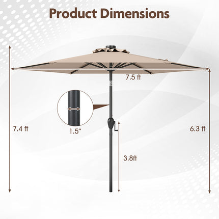 Zahradní slunečník 230 cm, solární LED, klika a náklon, světle hnědá