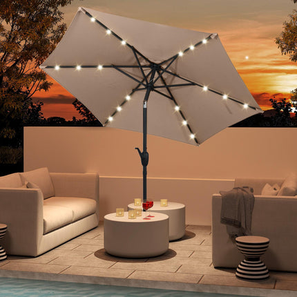 Zahradní slunečník 230 cm, solární LED, klika a náklon, světle hnědá