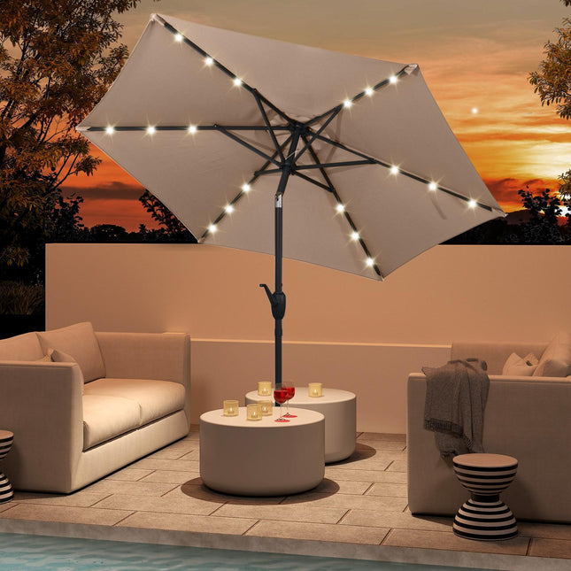 Zahradní slunečník 230 cm, solární LED, klika a náklon, světle hnědá