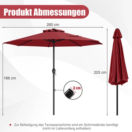 Zahradní slunečník 250 cm s klikou, 8 žeber, vínová