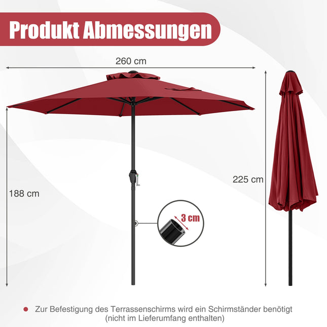Zahradní slunečník 250 cm s klikou, 8 žeber, vínová