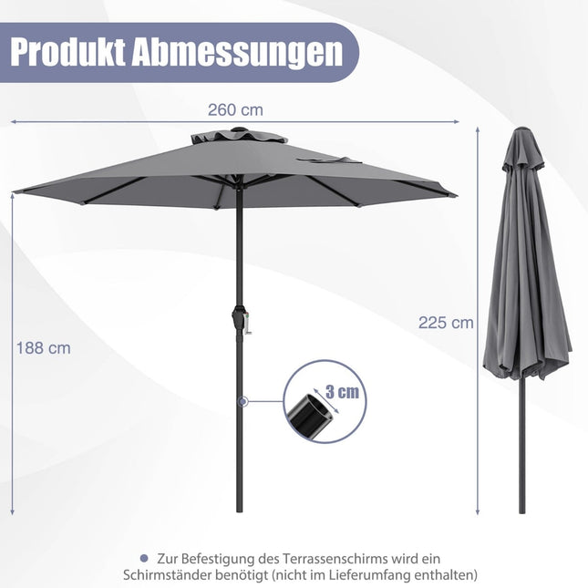 Zahradní slunečník 250 cm s klikou, 8 žeber, šedá