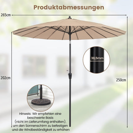 Zahradní slunečník 265 cm, UV 50+, náklon a klika, hnědá
