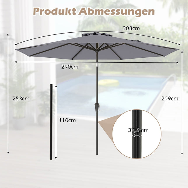 Zahradní slunečník, 300 cm, náklon a klika, šedá, voděodolný
