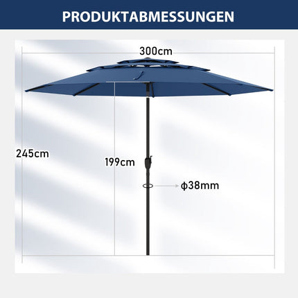 Zahradní slunečník 300cm, náklon a klika, námořnická modrá