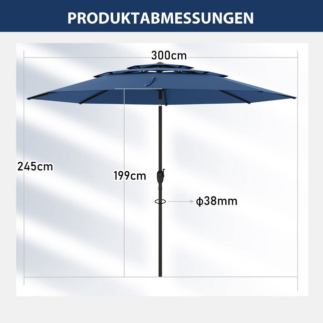 Zahradní slunečník 300cm, náklon a klika, námořnická modrá