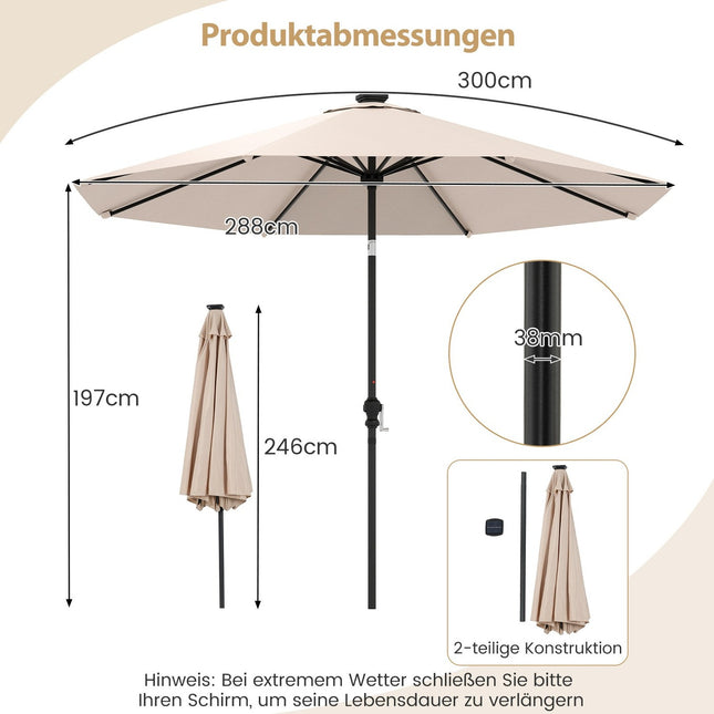 Zahradní slunečník 300cm se solárními LED světly, 9 režimů