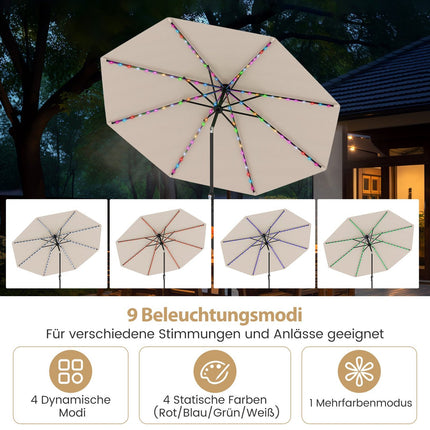 Zahradní slunečník 300cm se solárními LED světly, 9 režimů