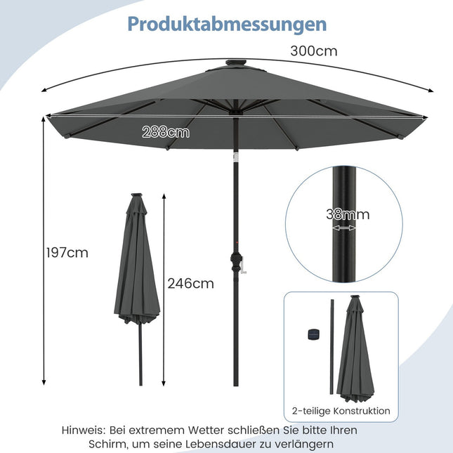 Zahradní slunečník 300cm se solárními LED světly, 9 režimů