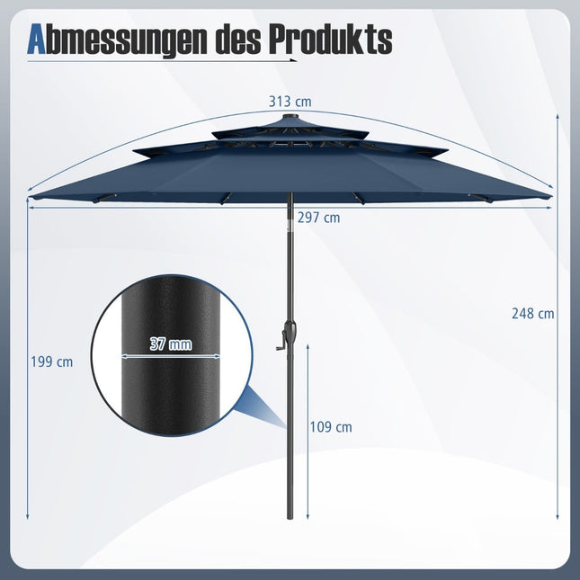 Zahradní slunečník, 3patrový, solární LED, výklopný, tmavě modrá