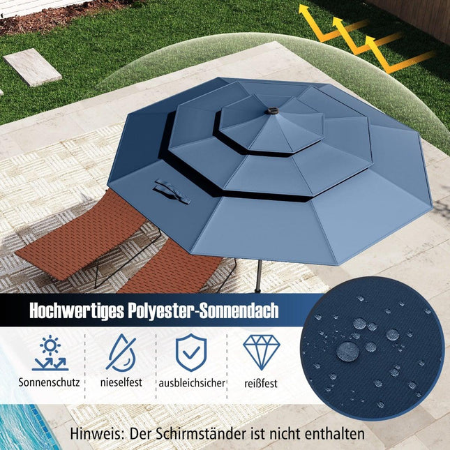 Zahradní slunečník, 3patrový, solární LED, výklopný, tmavě modrá