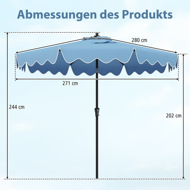 Zahradní slunečník s klikou, náklonem a ventilací, 280cm, modrá