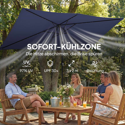 Zahradní slunečník se solárními LED světly, náklon a klika, tmavě modrá