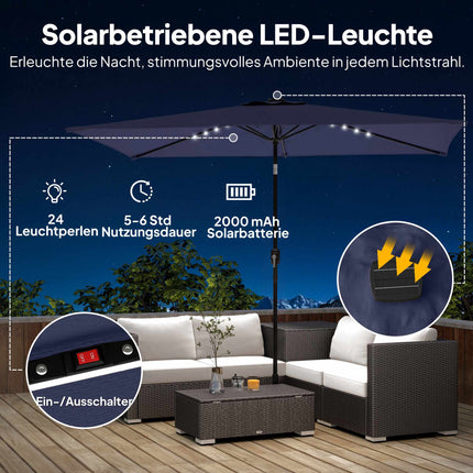 Zahradní slunečník se solárními LED světly, náklon a klika, tmavě modrá