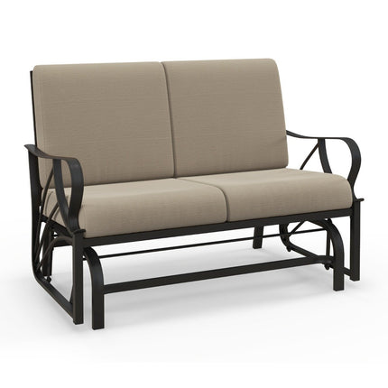 Zahradní lavice s poduškami, lakovaný kovový rám, zaoblené područky, ergonomický design, hnědá