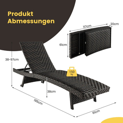 Ratanové zahradní lehátko s 5stupňovým nastavitelným opěradlem 195 x 61 x 38-97 cm mix hnědá