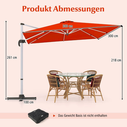 Zahradní slunečník s křížovým podstavcem a otočením 360° pro zahrady a bazény 300 x 300 x 261 cm vínová