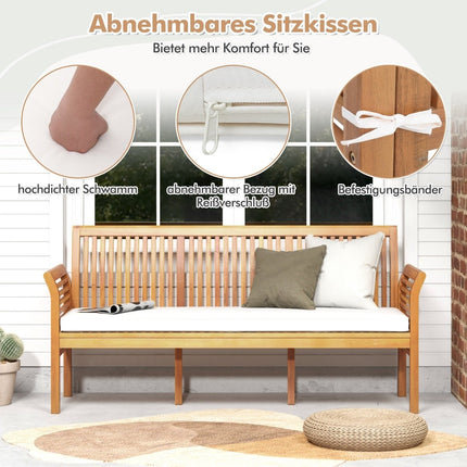 Dřevěná zahradní lavice s měkkými poduškami sedáku a ergonomickým opěradlem, venkovní lavice
