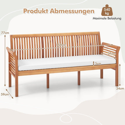 Dřevěná zahradní lavice s měkkými poduškami sedáku a ergonomickým opěradlem, venkovní lavice