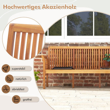 Dřevěná zahradní lavice s měkkými poduškami sedáku a ergonomickým opěradlem, venkovní lavice
