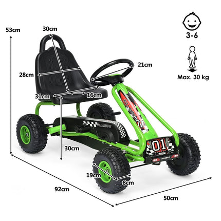 Šlapací motokára s nastavitelnou sedačkou, 4 kola, šlapací vozítko 92 x 50 x 53 cm zelená + černá