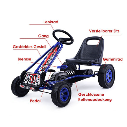 Dětská závodní šlapací motokára, šlapací vozítko, šlapací auto, venkovní sedačka, modrá