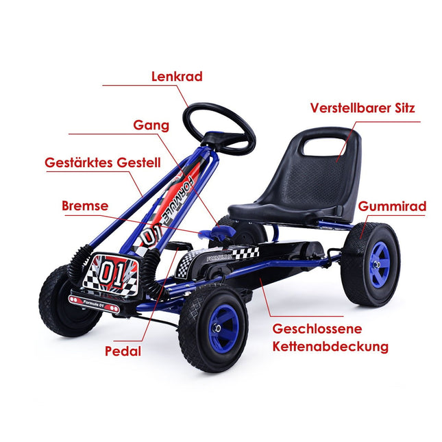 Dětská závodní šlapací motokára, šlapací vozítko, šlapací auto, venkovní sedačka, modrá