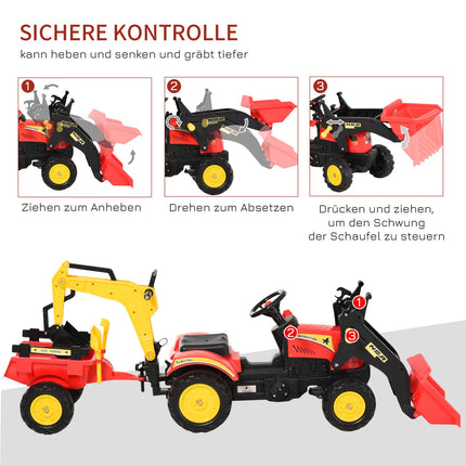 Dětský šlapací traktor s vlečkou a čelním nakladačem, červená